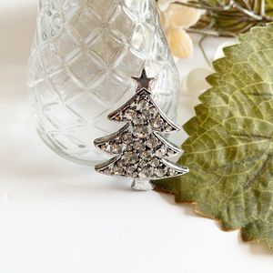 Christmas Tree Brooch Pin Silver Tone Rhinestone